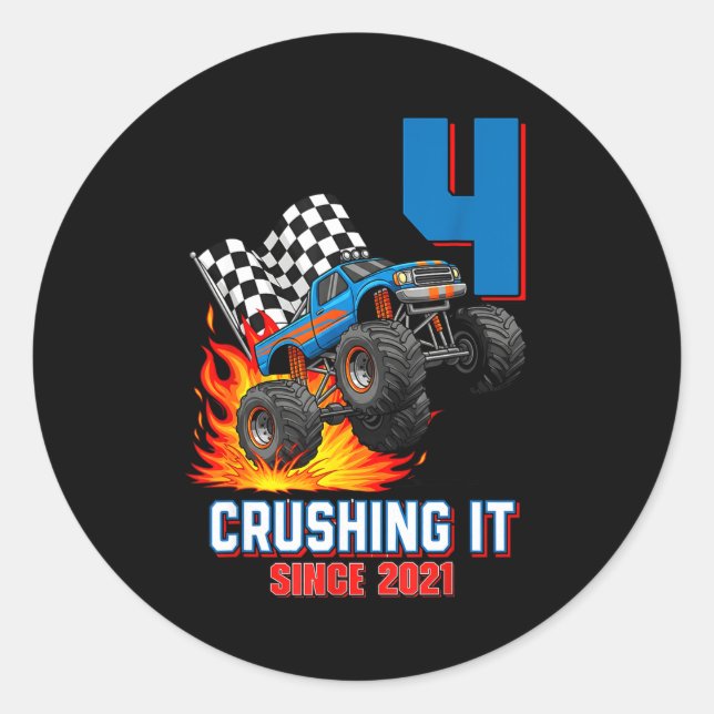 Pegatina Redonda 4th Birthday Monster Truck 4 Year Old Boy Born 202 (Anverso)