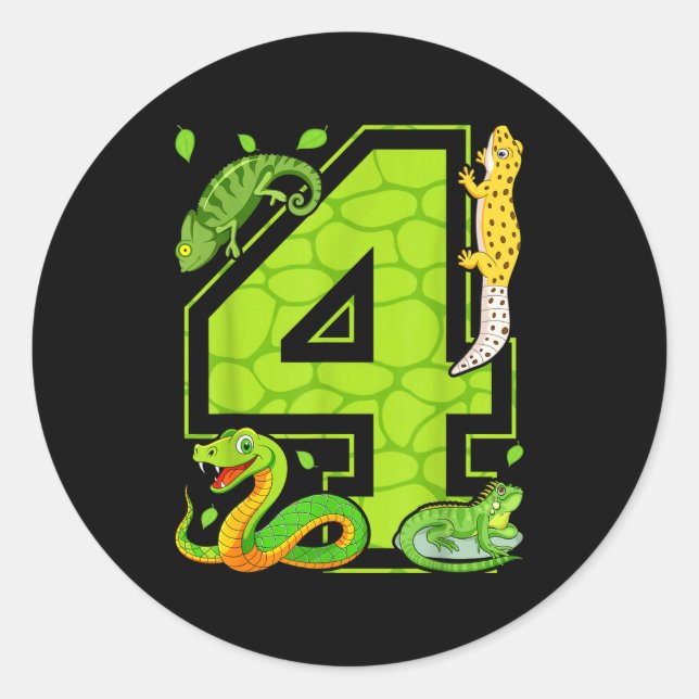 Pegatina Redonda 4th Birthday Snake Lizard Reptile 4 Year Old Party (Anverso)