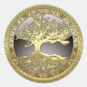 Pegatina Redonda [500] Árbol celta de vida [Oro]