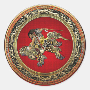 Pegatina Redonda [500] Hokusai - Shoki Riding Shishi Lion
