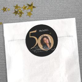 Pegatina Redonda 50.ª caligrafía de cumpleaños Oro elegante foto de