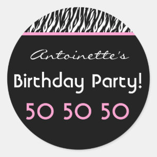 Pegatina Redonda 50.ª cebra de fiesta de cumpleaños con nombre pers