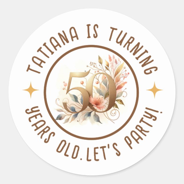 Pegatina Redonda 50.ª Fiesta de Cumpleaños Floral (Anverso)
