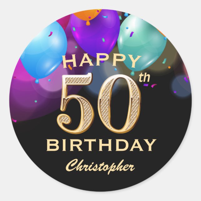 Pegatina Redonda 50.ª fiesta de cumpleaños Globos de oro y negro (Anverso)