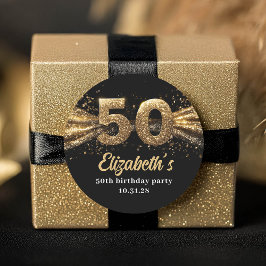 Pegatina Redonda 50.ª fiesta de cumpleaños: negro y oro moderno
