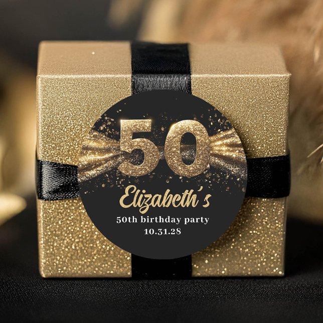 Pegatina Redonda 50.ª fiesta de cumpleaños: negro y oro moderno (50th Birthday Stickers)