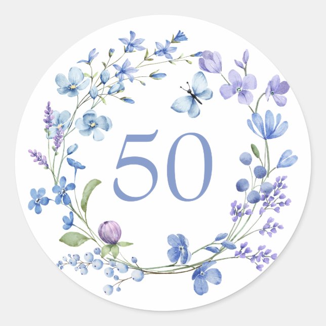 Pegatina Redonda 50.ª floral azul (Anverso)