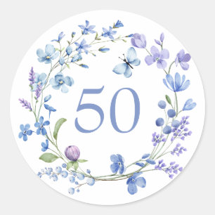 Pegatina Redonda 50.ª floral azul