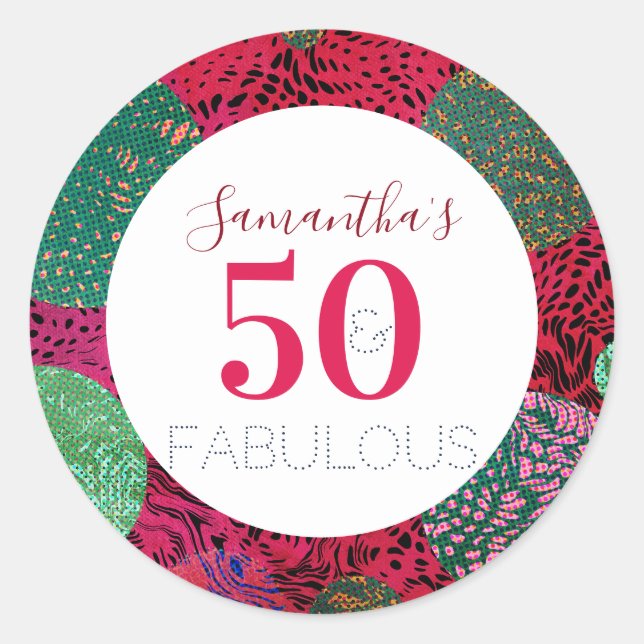 Pegatina Redonda 50.º cumpleaños 50 y fabuloso Fiesta único (Anverso)