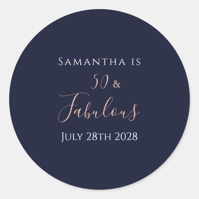 Pegatina Redonda 50.º cumpleaños 50 y fabuloso Rosa de oro de la Ma (Anverso)