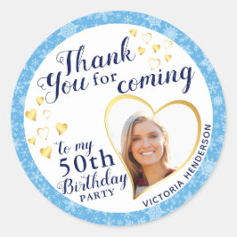 Pegatina Redonda 50.º cumpleaños Azul Favor de Invierno Gracias