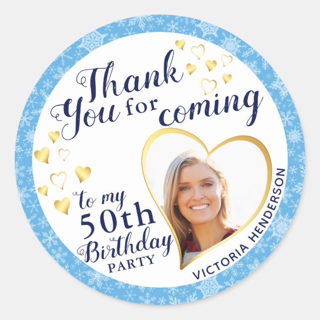 Pegatina Redonda 50.º cumpleaños Azul Favor de Invierno Gracias (Anverso)