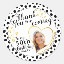 Pegatina Redonda 50.º cumpleaños: Black White Gold Favor Gracias