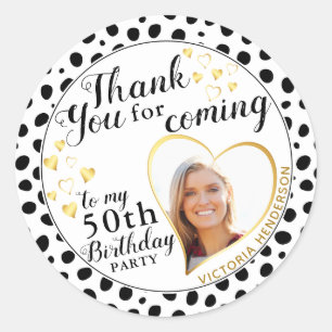 Pegatina Redonda 50.º cumpleaños: Black White Gold Favor Gracias