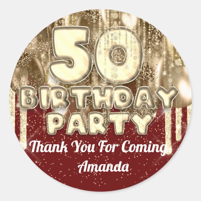 Pegatina Redonda 50.º cumpleaños Gold BALLONS Gracias Borgoña (Anverso)