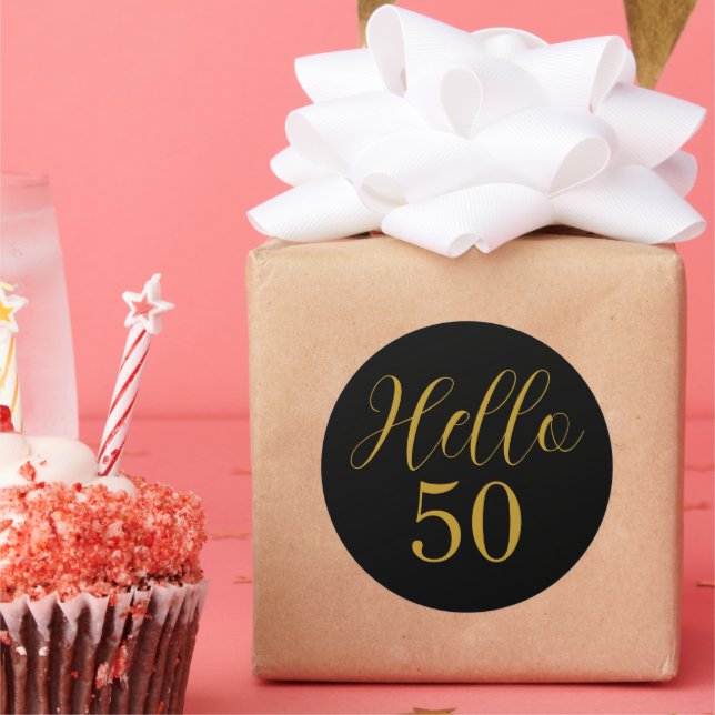Pegatina Redonda 50.º cumpleaños Oro Negro Elegante (Fiesta)