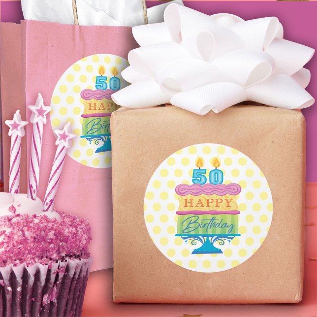 Pegatina Redonda 50.º feliz cumpleaños con los puntos amarillos (Subido por el creador)