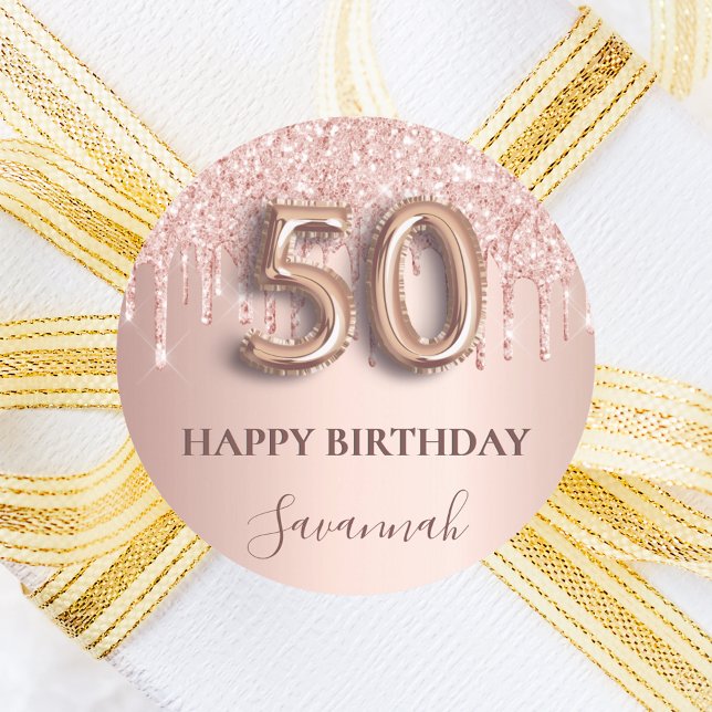 Pegatina Redonda 50.º rosa de cumpleaños goteo rosado de oro (Subido por el creador)