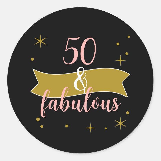 Pegatina Redonda 50 and Fabulous Black Gold Pink Design (Anverso)