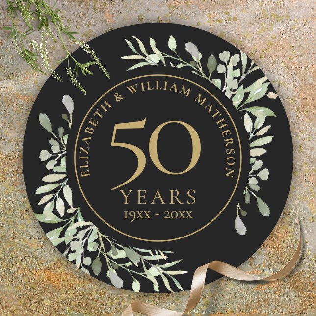 Pegatina Redonda 50 Aniversario de la vegetación de la acuarela de  (Black Gold Watercolour Greenery 50th Anniversary Classic Round Sticker)