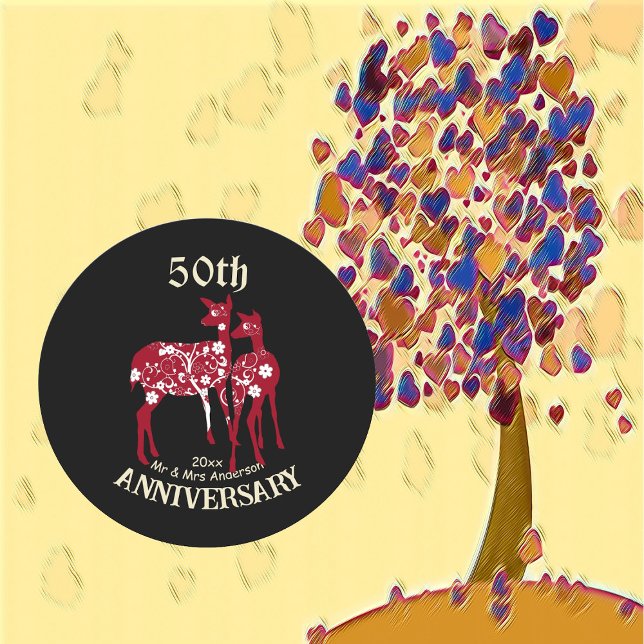 Pegatina Redonda 50° aniversario Pareja de renos Arte decorativo (50th Anniversary Reindeer Couple Decorative Art Classic Round Sticker)