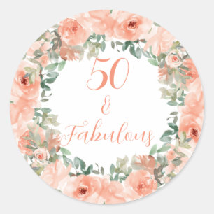 Pegatina Redonda 50 Fabuloso cumpleaños de acuarela floral
