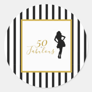 Pegatina Redonda 50 & Fabuloso Cumpleaños Negro y Dorado