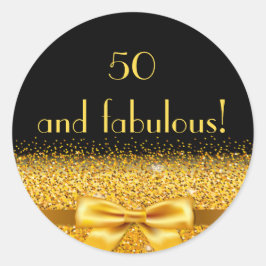 Pegatina Redonda 50 fabuloso cumpleaños nombre de oro negro elegant