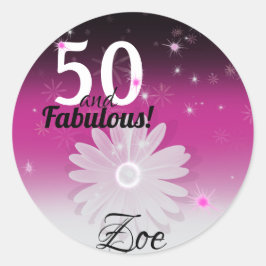 Pegatina Redonda 50 Fabuloso negro, rosa, blanco oscuro, con flor