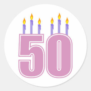 Pegatina Redonda 50 velas del cumpleaños (rosa/púrpura)