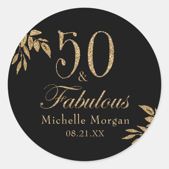 Pegatina Redonda 50 y fabulosa fiesta de cumpleaños de Purpurina ne (Anverso)