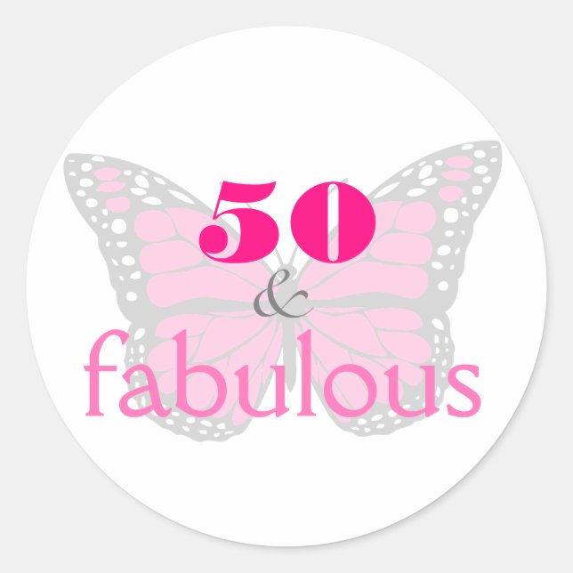 Pegatina Redonda 50 y fabulosa mariposa rosa 50 cumpleaños (Anverso)