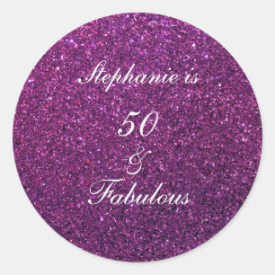 Pegatina Redonda 50 Y Fabulosa Moda Ombre Purpurina Púrpura De Cump