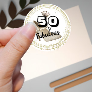 Pegatina Redonda 50 Y Fabuloso Aniversario Negrita De Oro