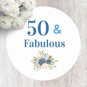 Pegatina Redonda 50 y fabuloso cumpleaños azul