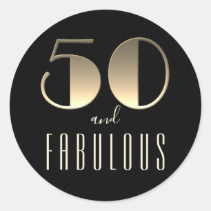 Pegatina Redonda 50 y fabuloso cumpleaños negro y dorado