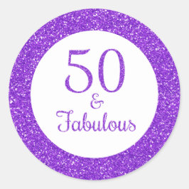 Pegatina Redonda 50 y fabuloso cumpleaños Purpurina espumoso morado