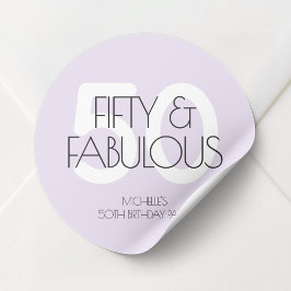 Pegatina Redonda 50 y fabuloso Modern Purple Fifty Birthday Party