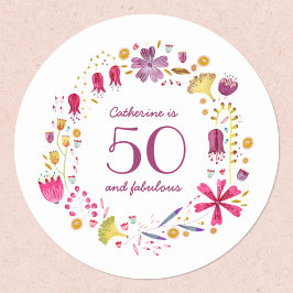 Pegatina Redonda 50 y fabuloso nombre floral acuarela cumpleaños