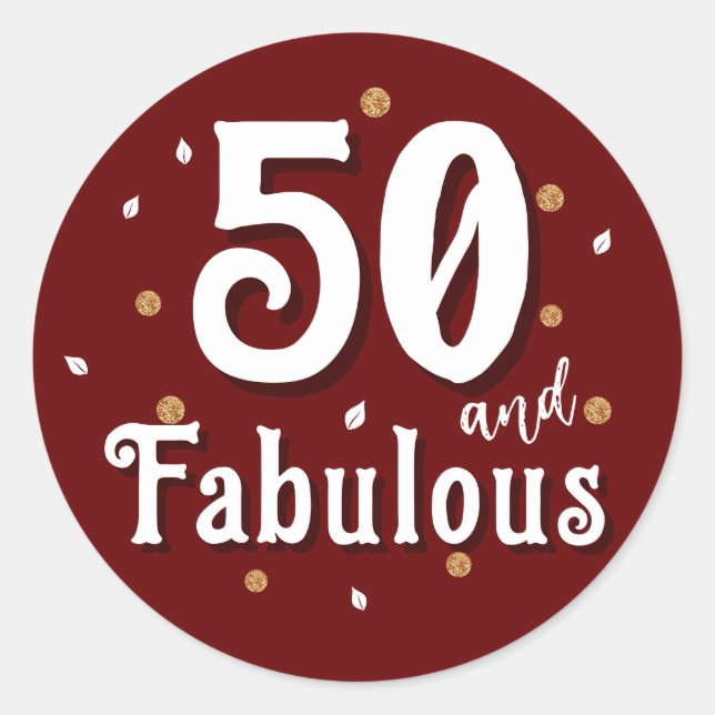 Pegatina Redonda 50 y fabuloso Purpurina rojo 50 cumpleaños (Anverso)