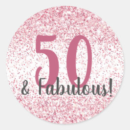 Pegatina Redonda 50 y fabuloso Purpurina rosado Confetti Cumpleaños