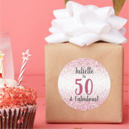 Pegatina Redonda 50 y fabuloso Purpurina rosado Confetti Cumpleaños