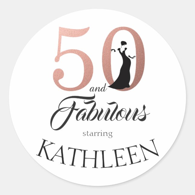 Pegatina Redonda 50 y fabuloso Rosa Gold Custom Name (Anverso)
