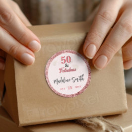 Pegatina Redonda 50 y un Purpurina rosa Rosa elegante y fabuloso