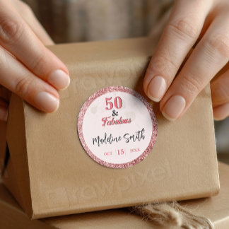 Pegatina Redonda 50 y un Purpurina rosa Rosa elegante y fabuloso