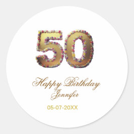 Pegatina Redonda 50th birthday add name date year gold floral bold 