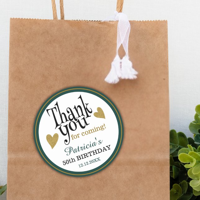 Pegatina Redonda 50th Birthday Green Black And Gold Thank You Favor (Subido por el creador)