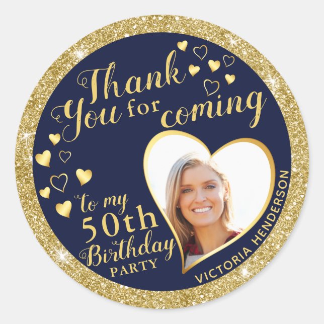 Pegatina Redonda 50th Birthday Navy Blue and Gold Favor Thank You (Anverso)