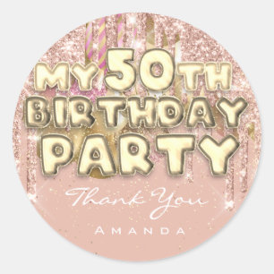 Pegatina Redonda 50th Birthday PartyGlitter Ballon Gold
