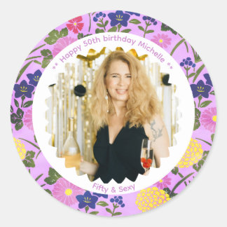 Pegatina Redonda 50th birthday photo name pink floral elegant